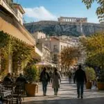Symbolbild einer sonnigen Straße mit Cafés in Athen im Herbst