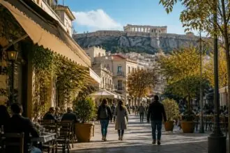 Symbolbild einer sonnigen Straße mit Cafés in Athen im Herbst