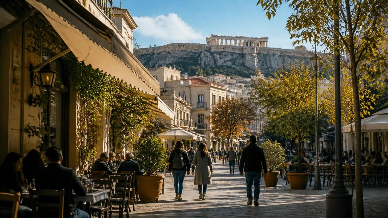 Symbolbild einer sonnigen Straße mit Cafés in Athen im Herbst