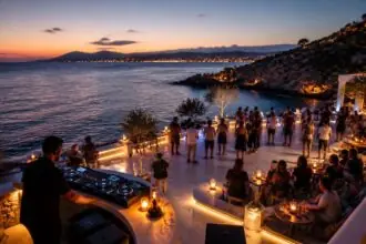 Symbolbild einer beleuchteten Clubterrasse an der Athener Riviera mit Blick auf das Meer