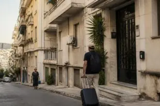 Symbolbild eines Athener Wohnviertels mit Mehrfamilienhäusern und einer Person mit Reisekoffer