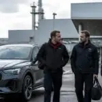 Εργαζόμενοι σε βιομηχανικό χώρο αυτοκινητοβιομηχανίας δίπλα σε όχημα Audi, σε συμβολική απεικόνιση των ανησυχιών στο Neckarsulm
