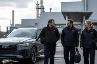 Εργαζόμενοι σε βιομηχανικό χώρο αυτοκινητοβιομηχανίας δίπλα σε όχημα Audi, σε συμβολική απεικόνιση των ανησυχιών στο Neckarsulm