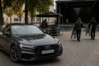 Συμβολική εικόνα αυτοκινήτου Audi μπροστά σε άδειο υπαίθριο χώρο συναυλιών στο Ingolstadt
