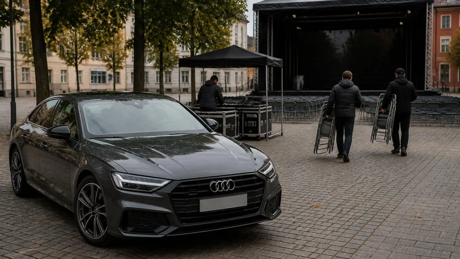 Συμβολική εικόνα αυτοκινήτου Audi μπροστά σε άδειο υπαίθριο χώρο συναυλιών στο Ingolstadt