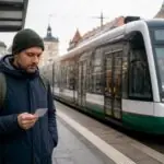 Συμβολική εικόνα επιβάτη με εισιτήριο μπροστά από τραμ στο Άουγκσμπουργκ της Γερμανίας.