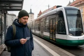 Συμβολική εικόνα επιβάτη με εισιτήριο μπροστά από τραμ στο Άουγκσμπουργκ της Γερμανίας.