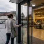 Συμβολική εικόνα πελάτη που χρησιμοποιεί τραπεζική κάρτα στην είσοδο υβριδικού σούπερ μάρκετ στην Κάτω Αυστρία
