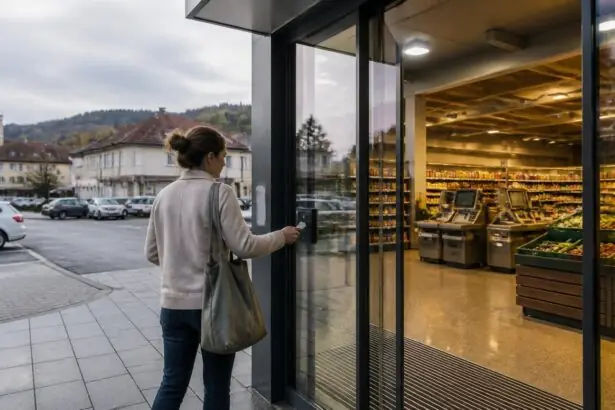 Συμβολική εικόνα πελάτη που χρησιμοποιεί τραπεζική κάρτα στην είσοδο υβριδικού σούπερ μάρκετ στην Κάτω Αυστρία