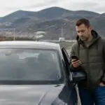 Οδηγός σε χώρο στάθμευσης αυστριακού αυτοκινητοδρόμου ελέγχει το κινητό του για την ψηφιακή βινιέτα του 2027