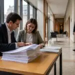Υπάλληλοι εξετάζουν έγγραφα προϋπολογισμού σε δημόσιο κτίριο στη Βάδη-Βυρτεμβέργη