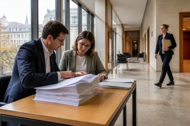 Υπάλληλοι εξετάζουν έγγραφα προϋπολογισμού σε δημόσιο κτίριο στη Βάδη-Βυρτεμβέργη