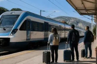 Symbolisches Bild eines stehenden Personenzugs an einem griechischen Bahnhof mit wartenden Reisenden