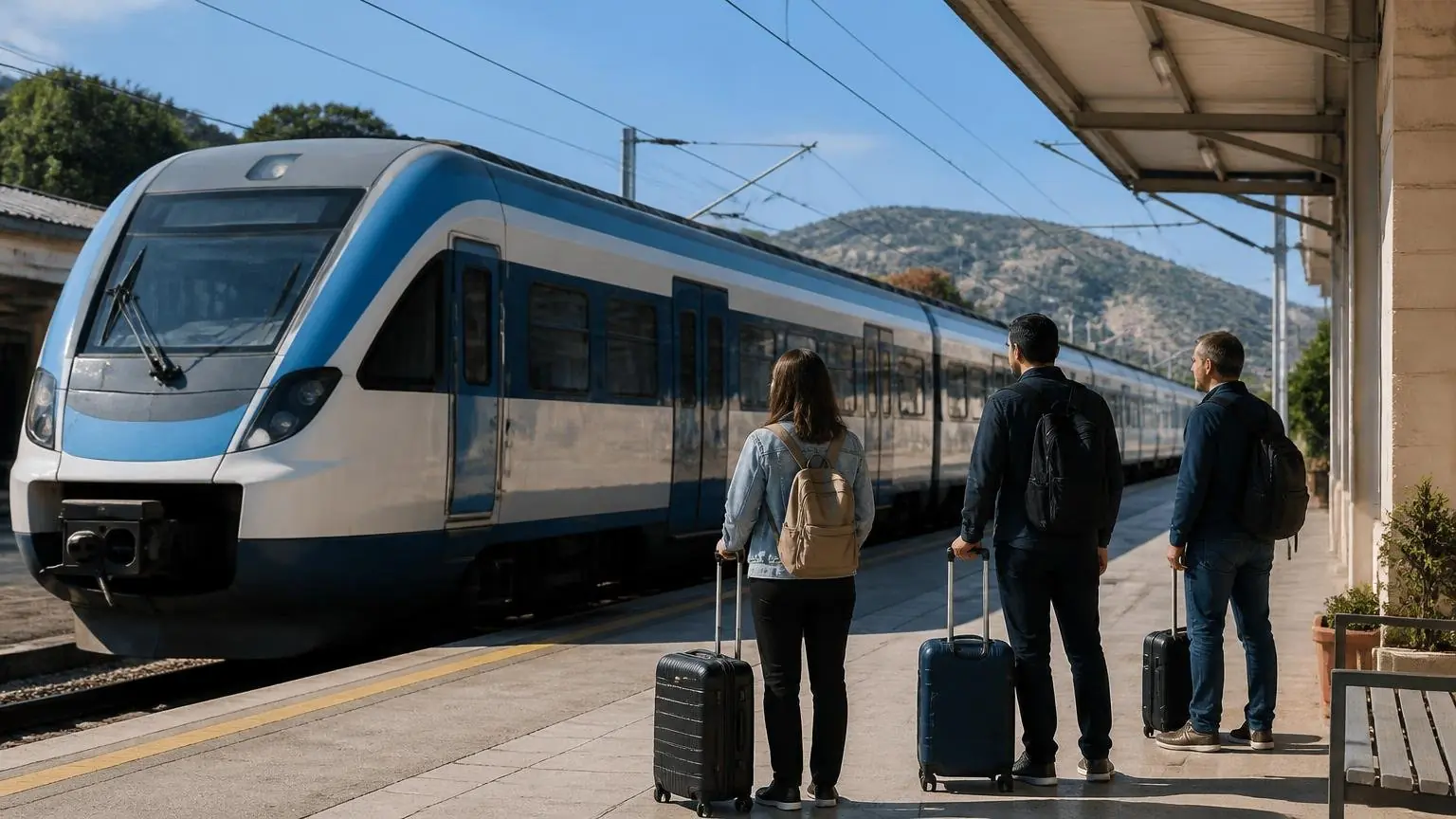 Symbolisches Bild eines stehenden Personenzugs an einem griechischen Bahnhof mit wartenden Reisenden