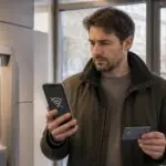 Άτομο ελέγχει κινητό και τραπεζική κάρτα δίπλα σε ΑΤΜ, σε συμβολική απεικόνιση προβλημάτων στις ψηφιακές τράπεζες.