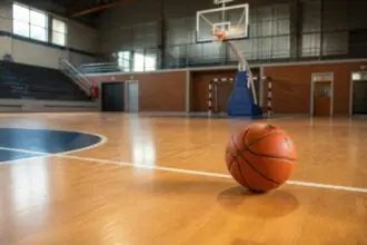 Ein Basketball liegt auf dem Parkett einer leeren Sporthalle, im Hintergrund ist ein Basketballkorb zu sehen.