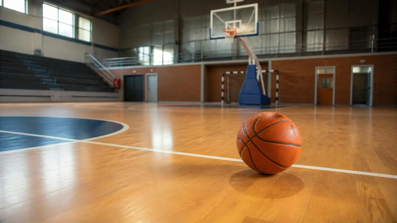 Ein Basketball liegt auf dem Parkett einer leeren Sporthalle, im Hintergrund ist ein Basketballkorb zu sehen.
