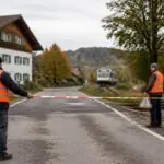 Εργαζόμενοι αποκλείουν προσωρινά με ερυθρόλευκη κορδέλα σιδηροδρομική διάβαση στη Βαυαρία