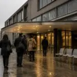 Συμβολική εικόνα κτιρίου δομής υποδοχής στο Βέλγιο με βελγική σημαία και εργαζομένους
