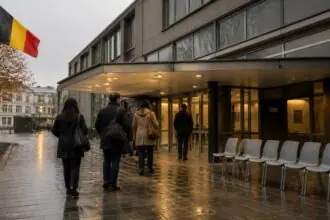 Συμβολική εικόνα κτιρίου δομής υποδοχής στο Βέλγιο με βελγική σημαία και εργαζομένους