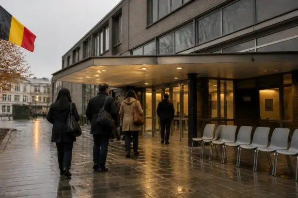Συμβολική εικόνα κτιρίου δομής υποδοχής στο Βέλγιο με βελγική σημαία και εργαζομένους