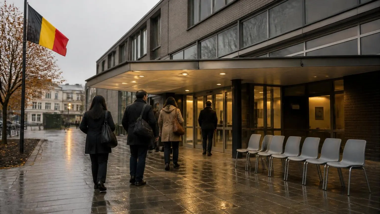 Συμβολική εικόνα κτιρίου δομής υποδοχής στο Βέλγιο με βελγική σημαία και εργαζομένους