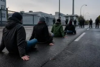 Συμβολική απεικόνιση διαδηλωτών καθισμένων στο οδόστρωμα έξω από βιομηχανικές εγκαταστάσεις στο Βερολίνο