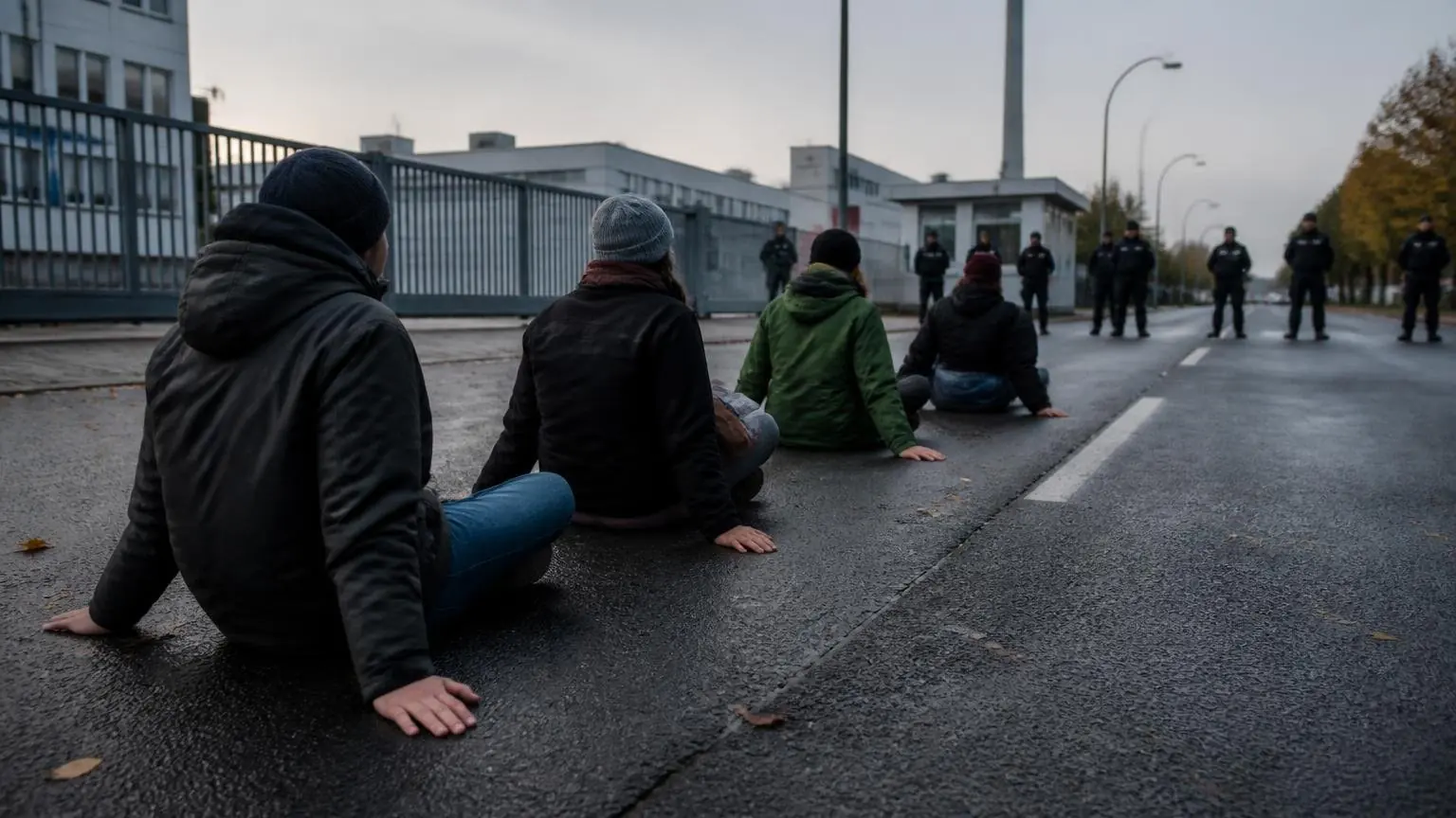 Συμβολική απεικόνιση διαδηλωτών καθισμένων στο οδόστρωμα έξω από βιομηχανικές εγκαταστάσεις στο Βερολίνο