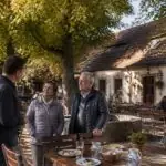 Συμβολική εικόνα παραδοσιακού Biergarten κάτω από φλαμουριές στη Φραγκονία, με εστιάτορα και επισκέπτες