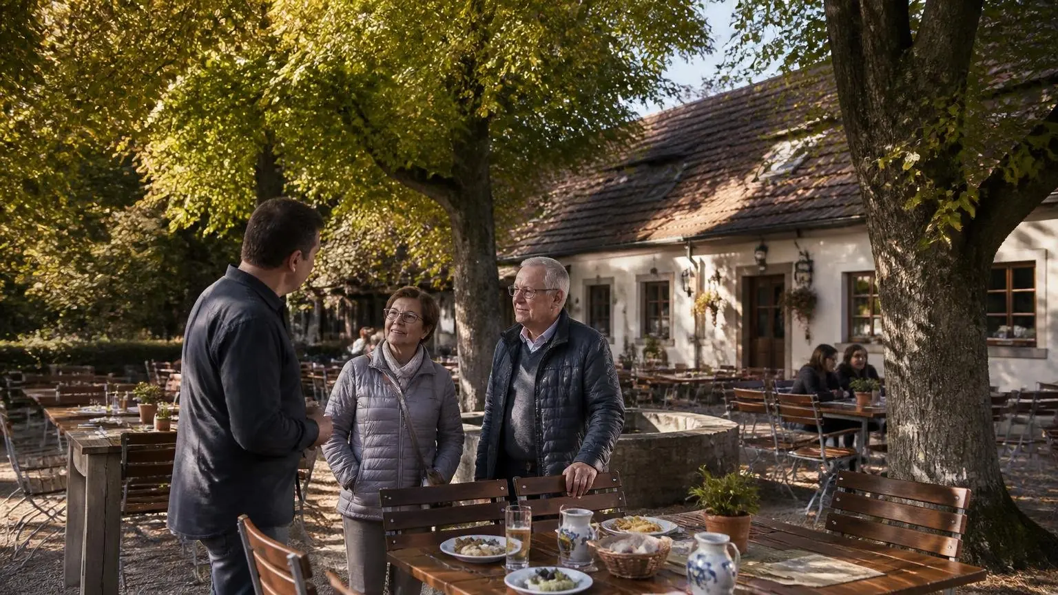 Συμβολική εικόνα παραδοσιακού Biergarten κάτω από φλαμουριές στη Φραγκονία, με εστιάτορα και επισκέπτες