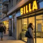 Είσοδος καταστήματος Billa στην Αυστρία το σούρουπο, με περαστικούς και αγοραστές έξω από το φωτισμένο σούπερ μάρκετ.
