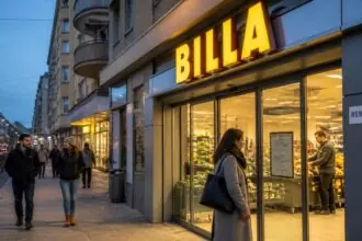 Είσοδος καταστήματος Billa στην Αυστρία το σούρουπο, με περαστικούς και αγοραστές έξω από το φωτισμένο σούπερ μάρκετ.