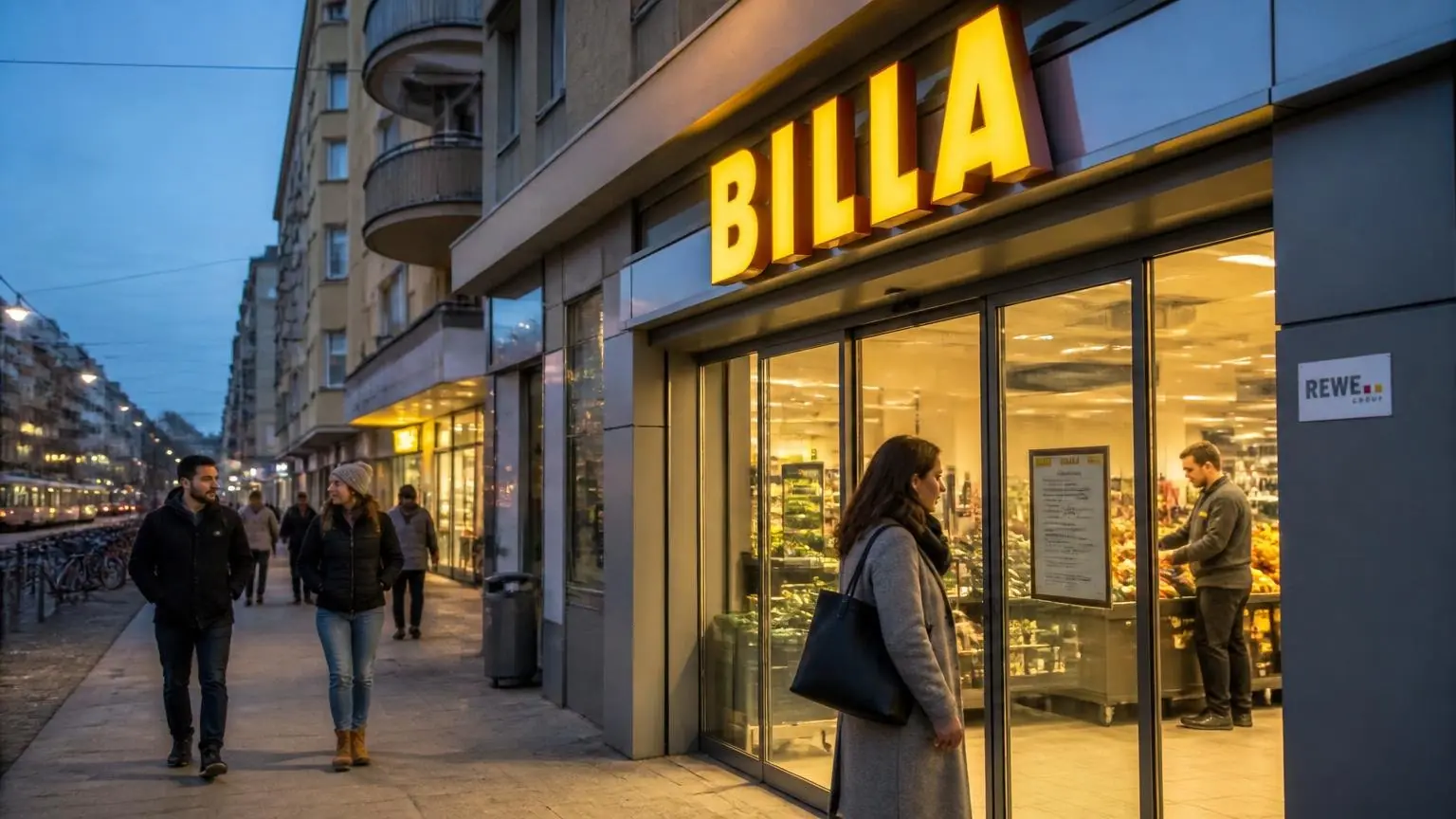 Είσοδος καταστήματος Billa στην Αυστρία το σούρουπο, με περαστικούς και αγοραστές έξω από το φωτισμένο σούπερ μάρκετ.
