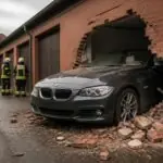 Συμβολική απεικόνιση BMW Cabrio που έχει διαπεράσει τοίχο από τούβλα σε γκαράζ στο Μόναχο, με πυροσβέστες στον χώρο.