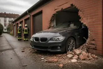 Συμβολική απεικόνιση BMW Cabrio που έχει διαπεράσει τοίχο από τούβλα σε γκαράζ στο Μόναχο, με πυροσβέστες στον χώρο.