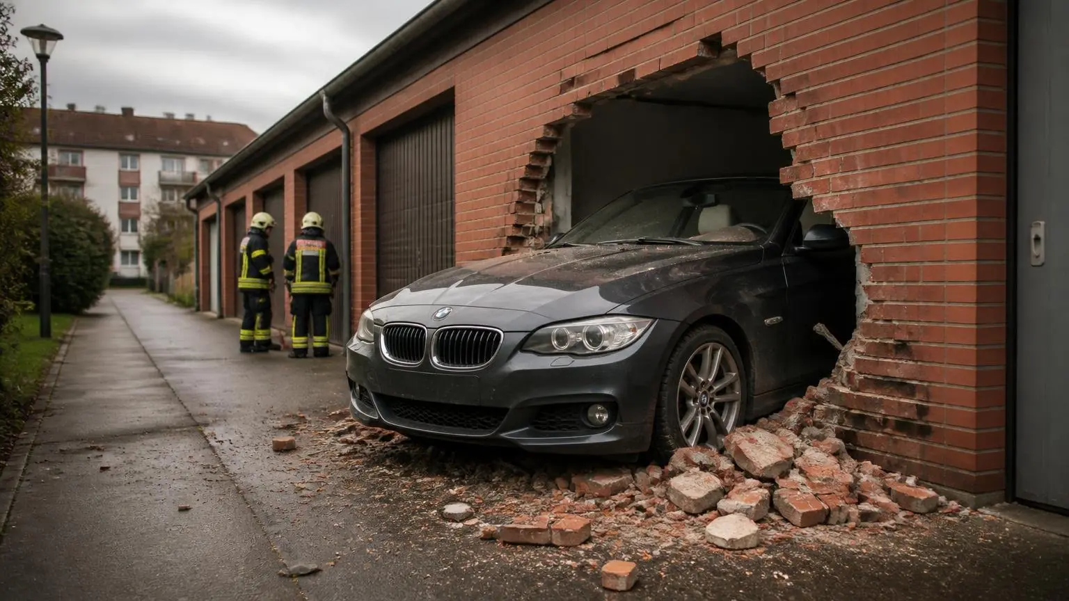 Συμβολική απεικόνιση BMW Cabrio που έχει διαπεράσει τοίχο από τούβλα σε γκαράζ στο Μόναχο, με πυροσβέστες στον χώρο.