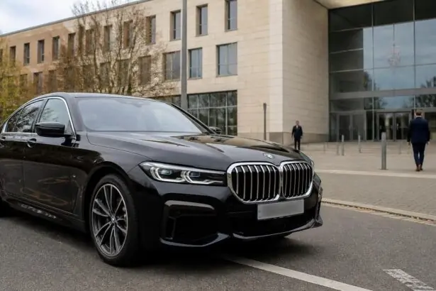 Συμβολική εικόνα μαύρης BMW Σειράς 7 έξω από δημόσιο κτίριο στη Γερμανία, για την απόσυρση προσφοράς leasing