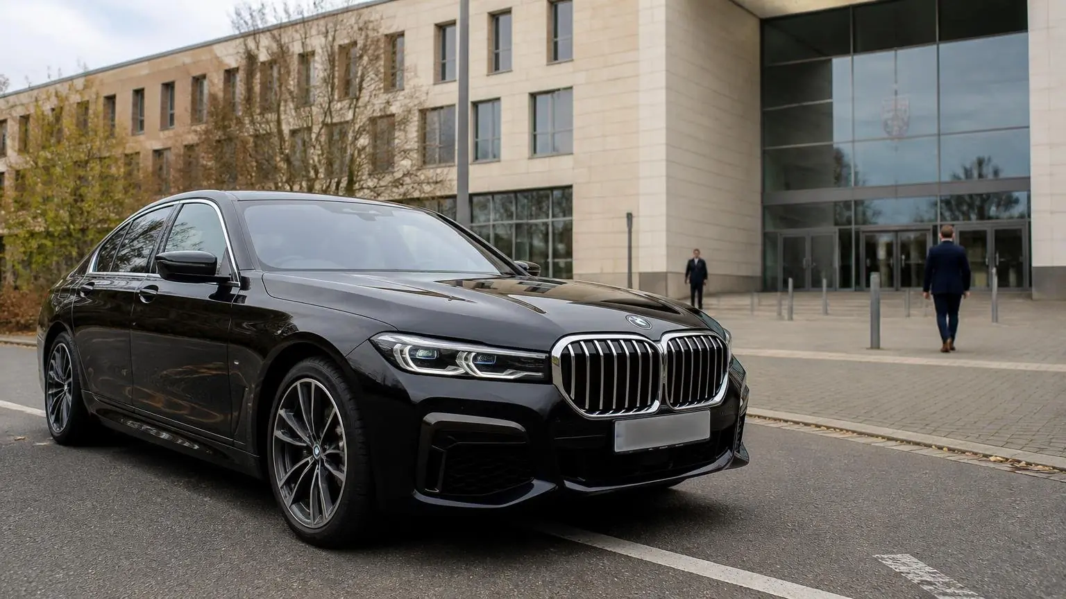Συμβολική εικόνα μαύρης BMW Σειράς 7 έξω από δημόσιο κτίριο στη Γερμανία, για την απόσυρση προσφοράς leasing