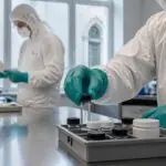 Ιατροδικαστές με προστατευτικές στολές και γάντια σε συμβολική σκηνή εξέτασης χημικών δειγμάτων