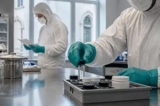 Ιατροδικαστές με προστατευτικές στολές και γάντια σε συμβολική σκηνή εξέτασης χημικών δειγμάτων