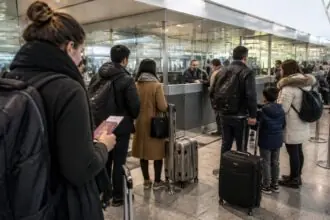 Ταξιδιώτες σε ουρά ελέγχου διαβατηρίων σε συμβολική απεικόνιση στο αεροδρόμιο των Βρυξελλών