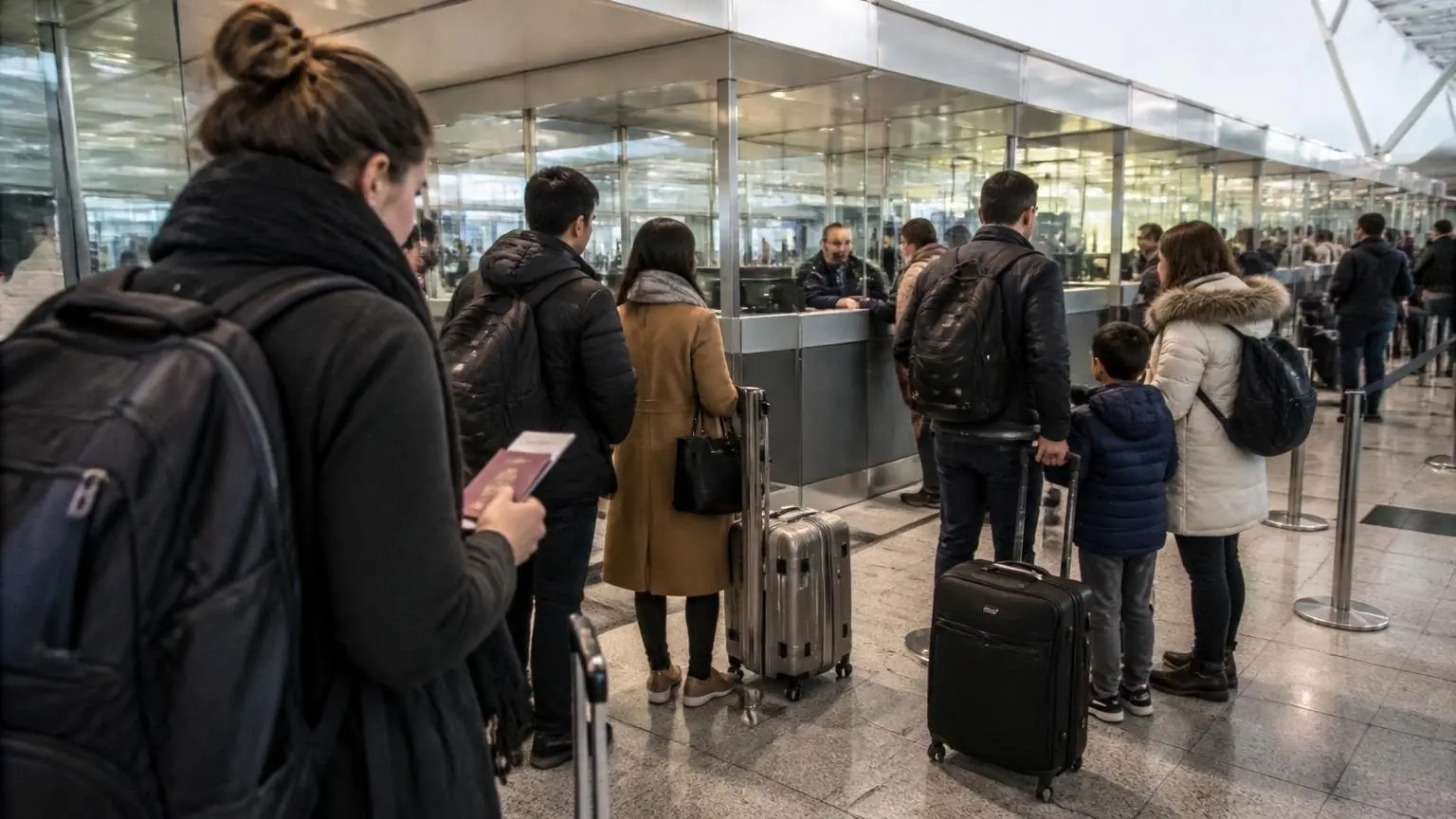 Ταξιδιώτες σε ουρά ελέγχου διαβατηρίων σε συμβολική απεικόνιση στο αεροδρόμιο των Βρυξελλών