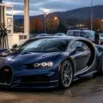 Σκούρο μπλε πολυτελές Bugatti σε πρατήριο καυσίμων στην Αυστρία, συμβολική εικόνα για την κλοπή και τον εντοπισμό του οχήματος