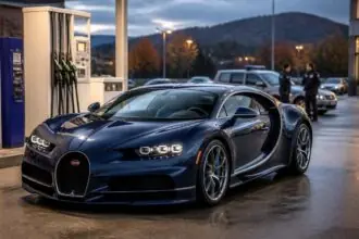 Σκούρο μπλε πολυτελές Bugatti σε πρατήριο καυσίμων στην Αυστρία, συμβολική εικόνα για την κλοπή και τον εντοπισμό του οχήματος