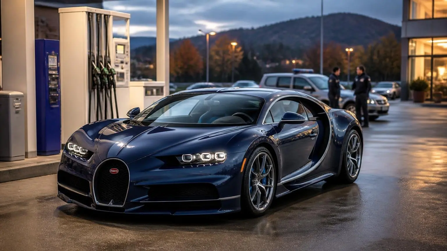 Σκούρο μπλε πολυτελές Bugatti σε πρατήριο καυσίμων στην Αυστρία, συμβολική εικόνα για την κλοπή και τον εντοπισμό του οχήματος