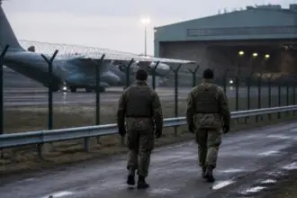 Στρατιωτικοί της Bundeswehr περιπολούν σε στρατιωτικό αεροδρόμιο δίπλα σε υπόστεγο και αεροσκάφος.