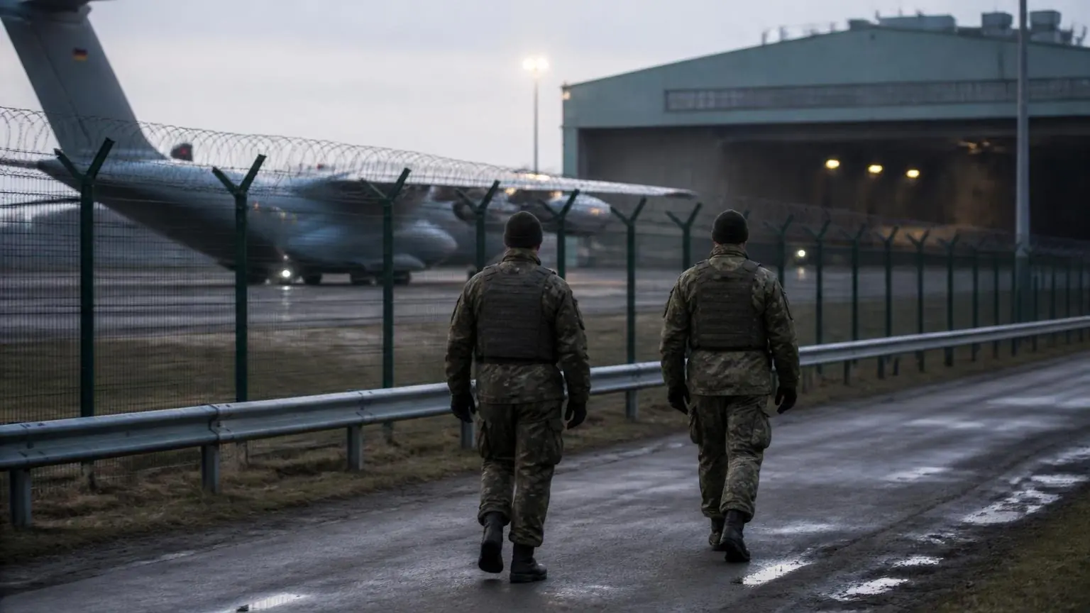 Στρατιωτικοί της Bundeswehr περιπολούν σε στρατιωτικό αεροδρόμιο δίπλα σε υπόστεγο και αεροσκάφος.