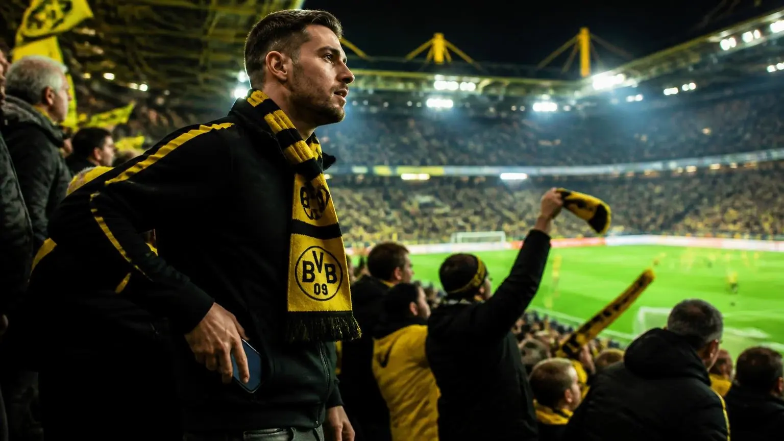 Οπαδός της Borussia Dortmund με κιτρινόμαυρο κασκόλ αφήνει το κινητό του στην άκρη στις εξέδρες γηπέδου