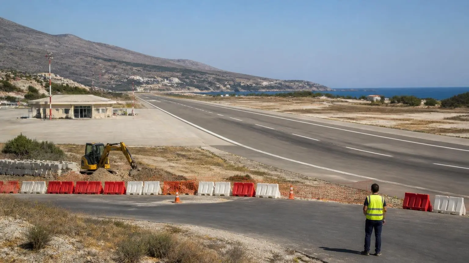 Symbolbild: Start- und Landebahn eines kleinen griechischen Inselflughafens mit Bauarbeiten