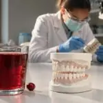 Ποτήρι με χυμό κράνμπερι δίπλα σε οδοντικό μοντέλο σε συμβολική εικόνα έρευνας για την υγεία των δοντιών